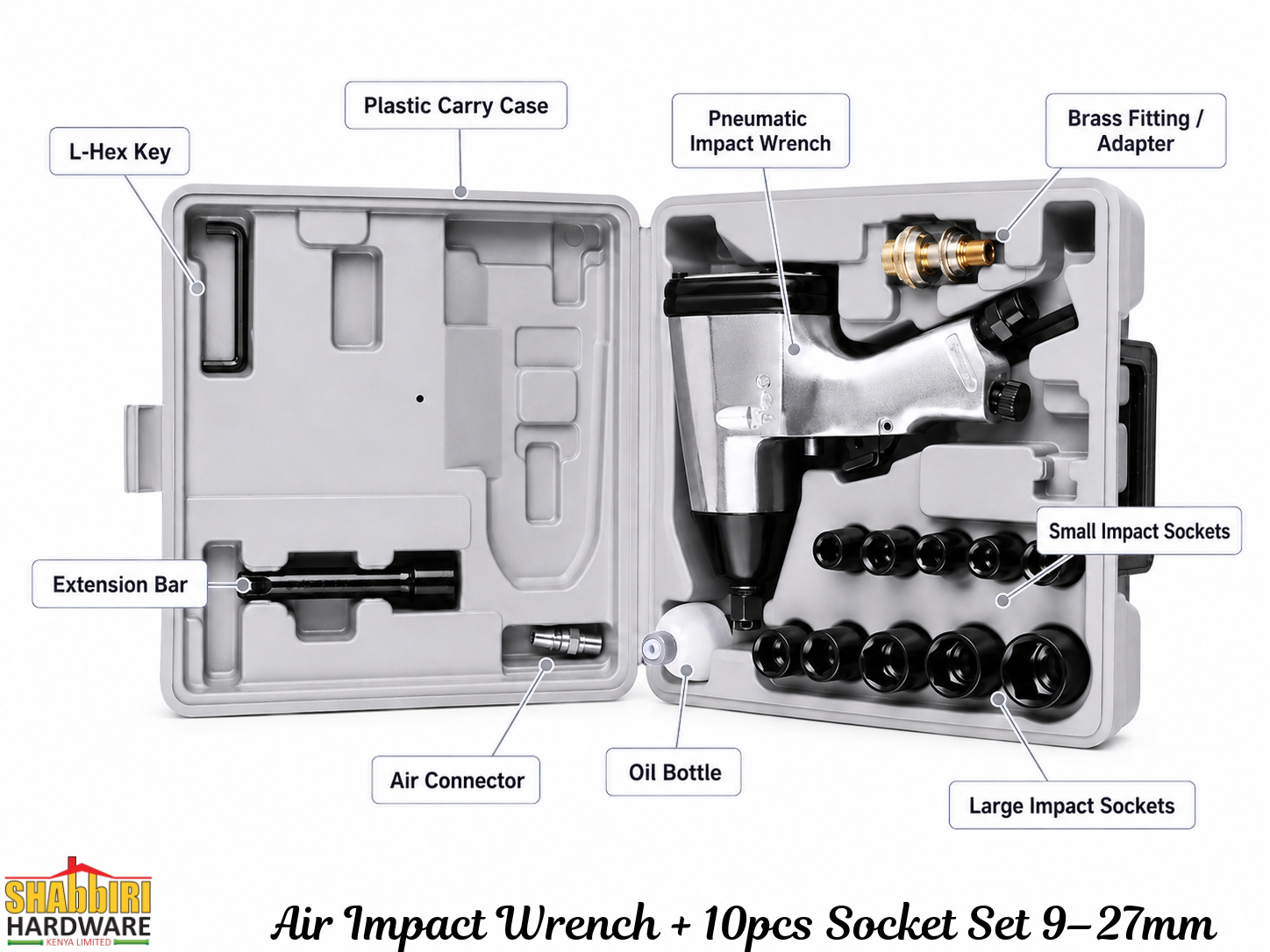 1/2" Air Impact Wrench + 10pcs Socket Set 9–27mm