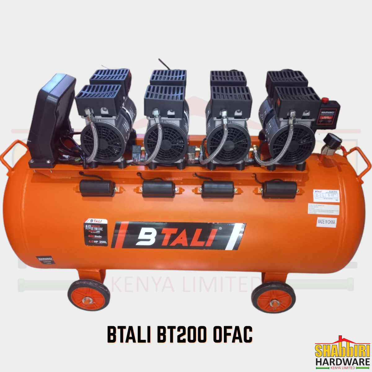 BTALI BT200 OFAC 200 Litre Oil Free Silent Air Compressor 4HP 4 Block 424L/min — Air Compressor Price in Kenya | Shabbiri Hardware Rongai & Tuala