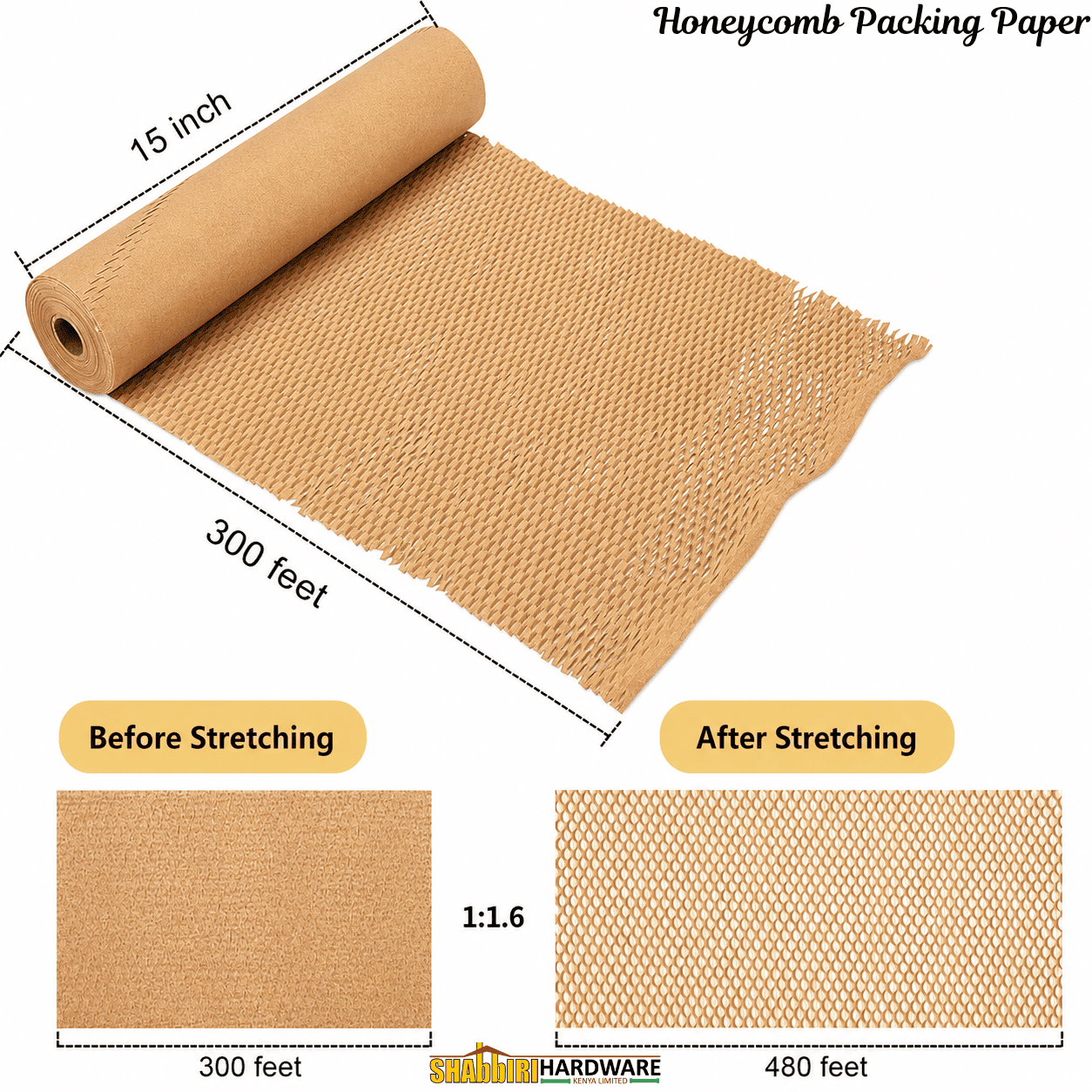 Honeycomb Packing Paper Roll – 15" x 300ft Eco-Friendly Kraft Cushioning Wrap
