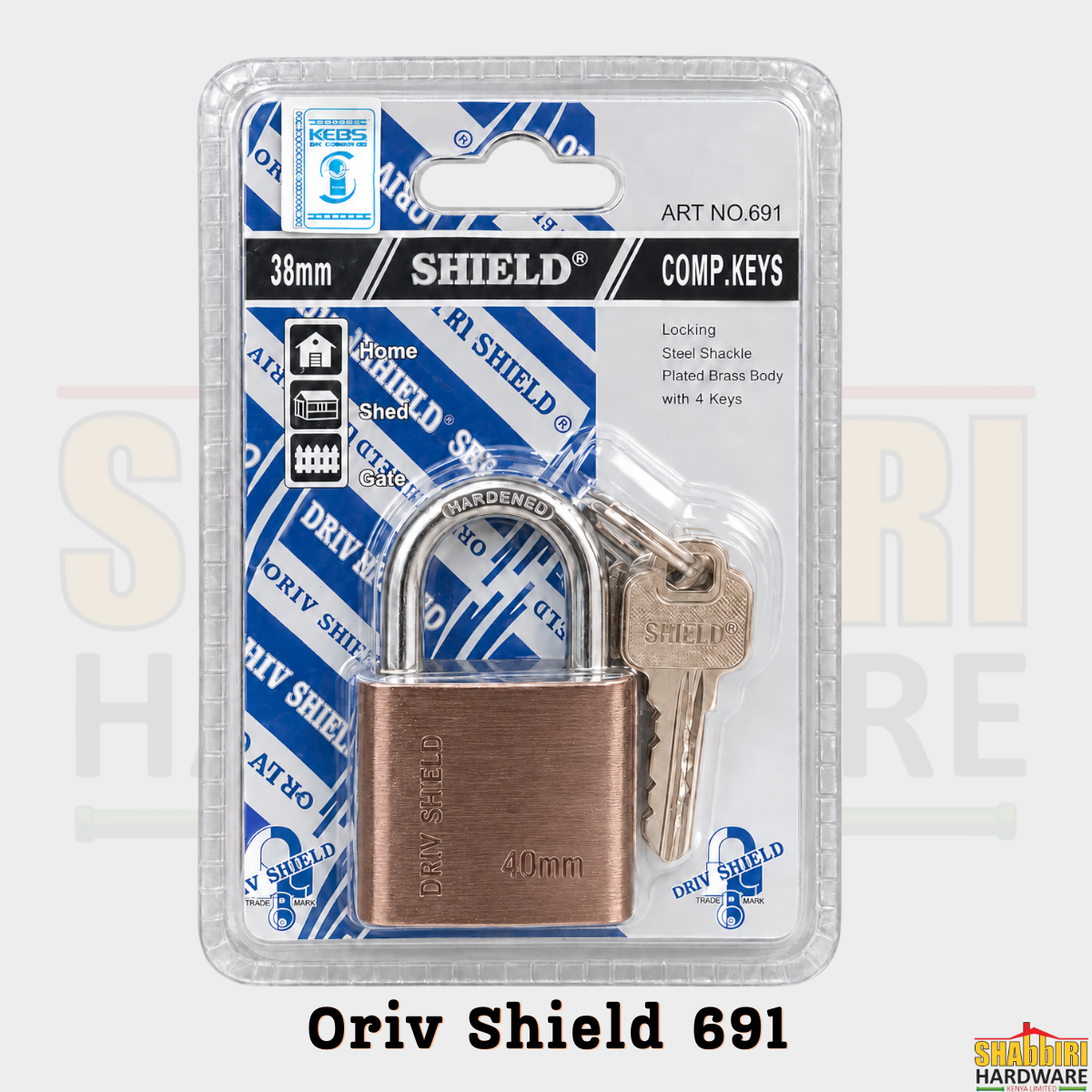 Oriv Shield 40mm Padlock Art No. 691 – Hardened Steel Shackle, Brass Body, 4 Computer Keys