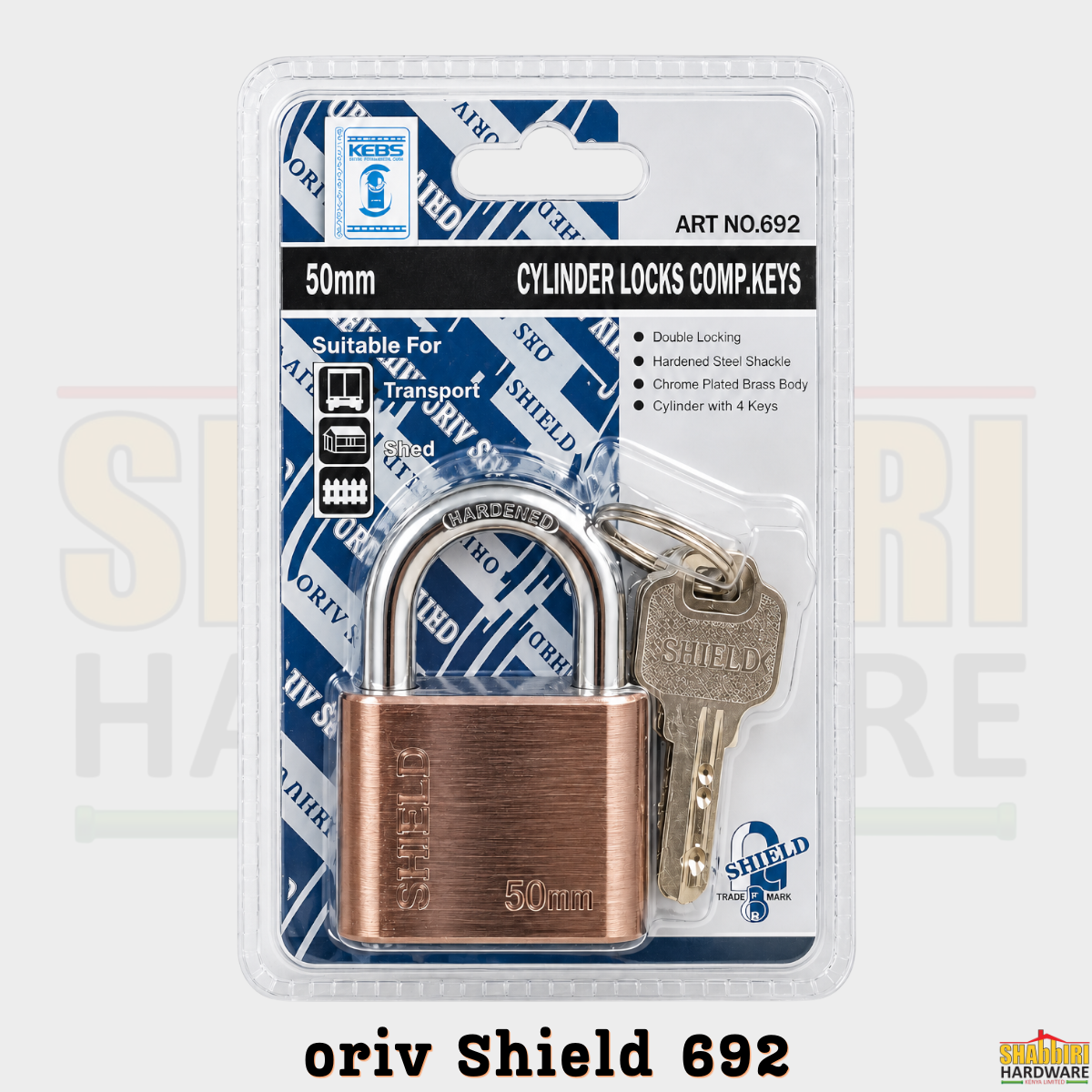 Oriv Shield 50mm Solid Brass Padlock with Hardened Steel Shackle & 4 Computer Keys – Art No. 692