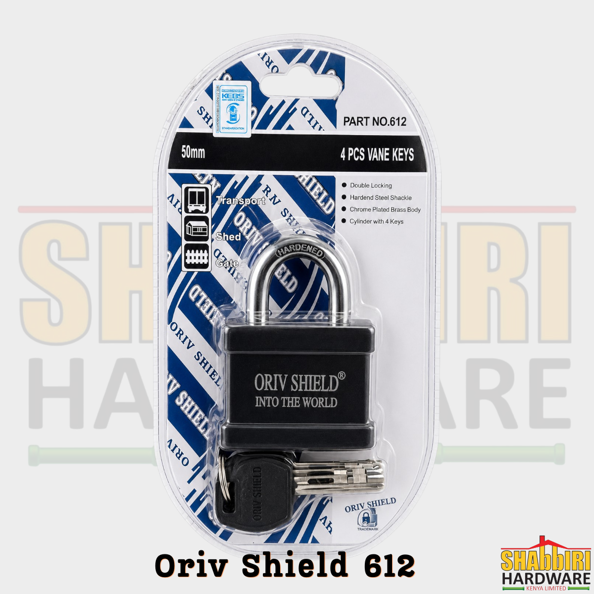 Oriv Shield 612 50mm Double Locking Padlock with Hardened Steel Shackle & 4 Vane Keys