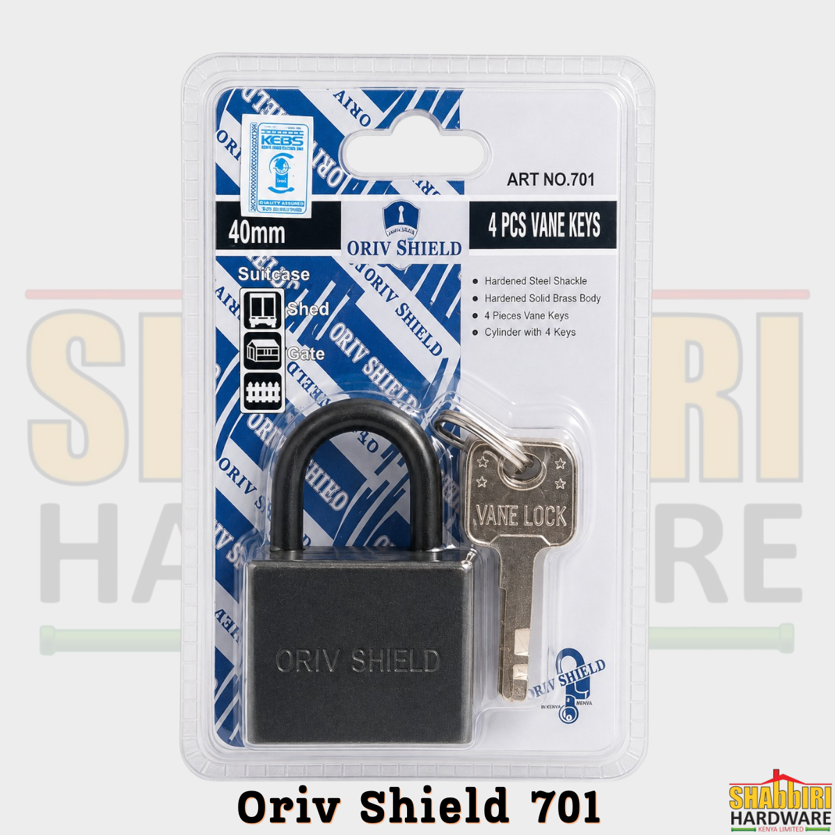 Oriv Shield 701 Heavy Duty Padlock 40mm — Solid Brass Body, Hardened Steel Shackle, 4 Vane Keys (KEBS Certified)