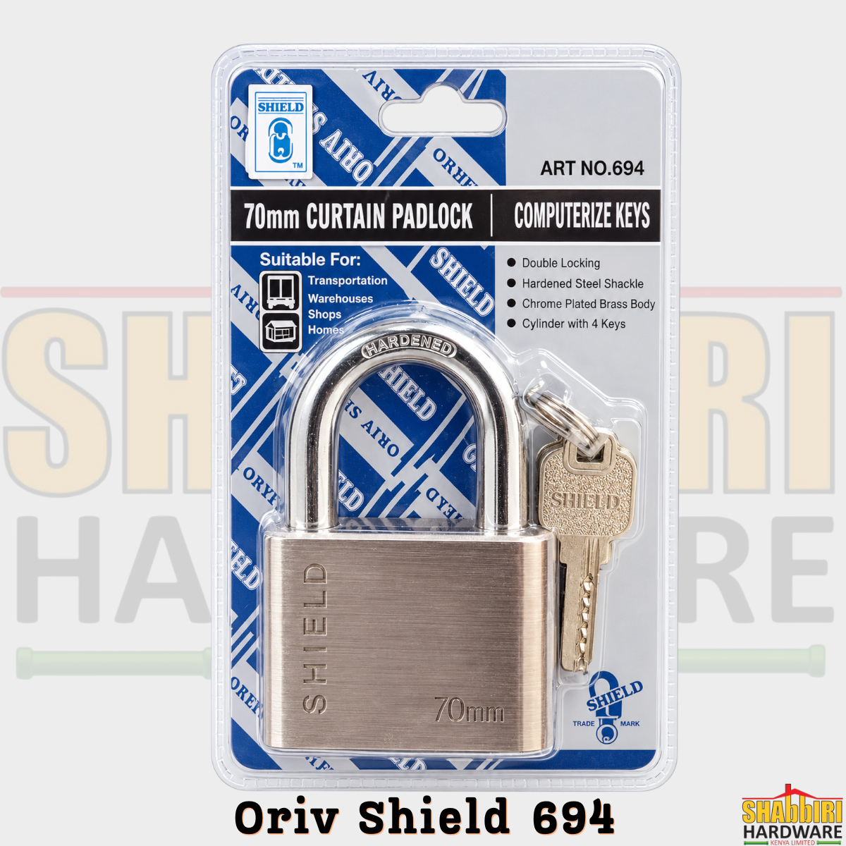 Oriv Shield 70mm Curtain Padlock (Art No. 694) – Heavy Duty Brass Padlock with Hardened Steel Shackle & 4 Computerized Keys