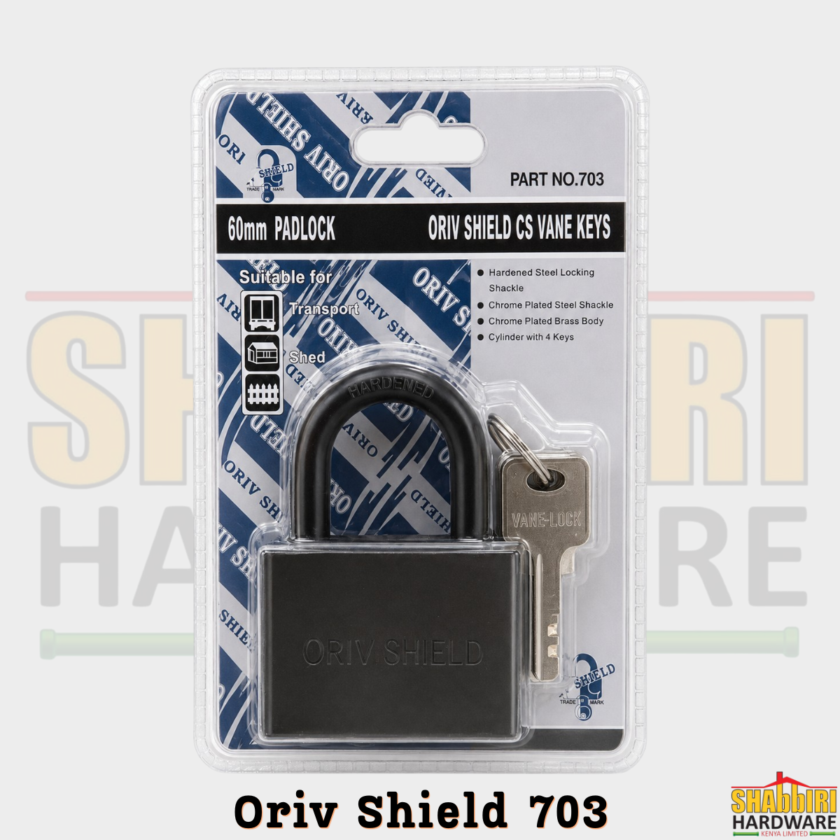Oriv Shield 703 60mm Heavy Duty Padlock with Hardened Shackle & 4 Vane Keys